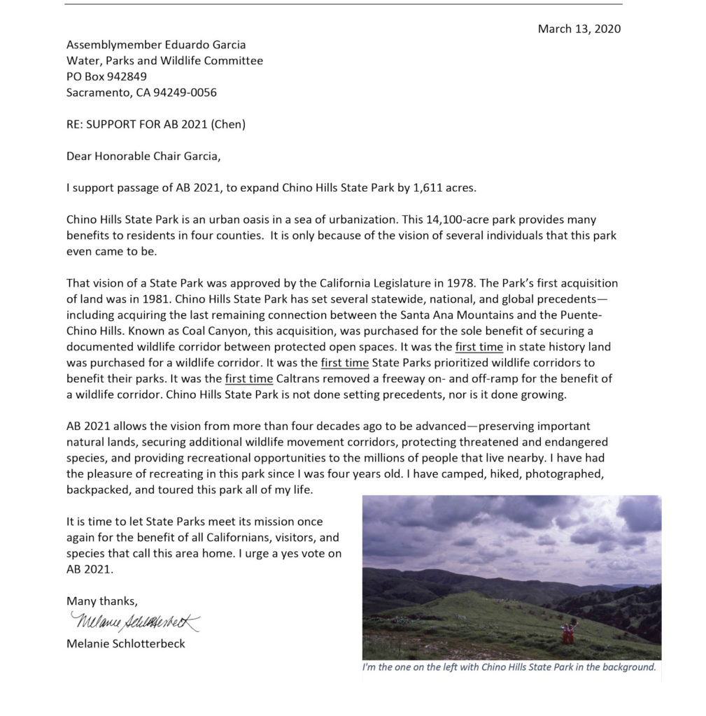 Letter to Assembly Water, Parks, and Wildlife Committee for AB 2021 (the Chino Hills State Park Expansion bill)