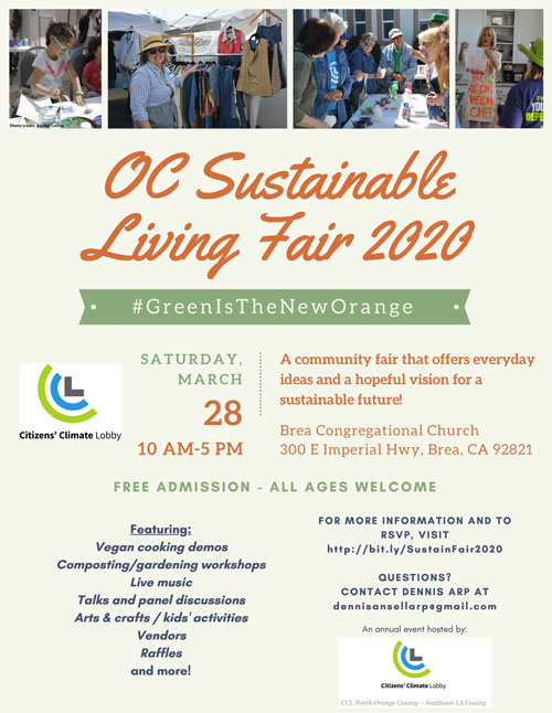 A flyer on the OC Sustainable Living Fair 2020 scheduled for March 28th.
