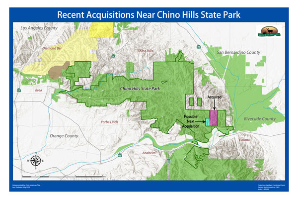 A map showing the 320 acres acquired in July 2020 and 80 acres of a possible future acquisition--both adjacent to Chino Hills State Park.