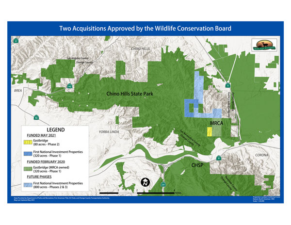 A Map of Chino Hills State Park, two funded projects, and the remaining targeted lands.