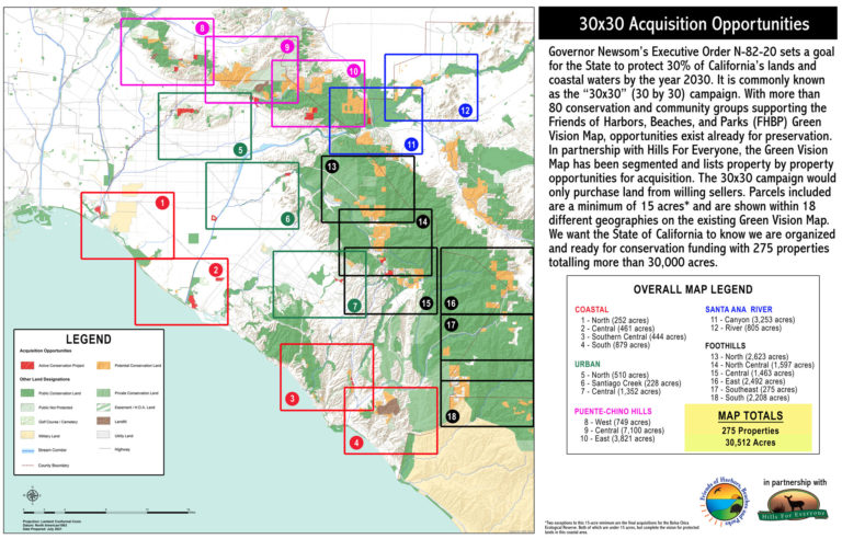 A geographies map of protected public lands and potential conservation acquisitions created by Hills For Everyone in partnership with Friends of Harbors, Beaches and Parks.