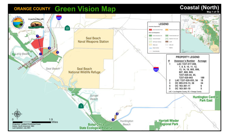 A coastal map of protected public lands and potential conservation acquisitions created by Hills For Everyone in partnership with Friends of Harbors, Beaches and Parks.