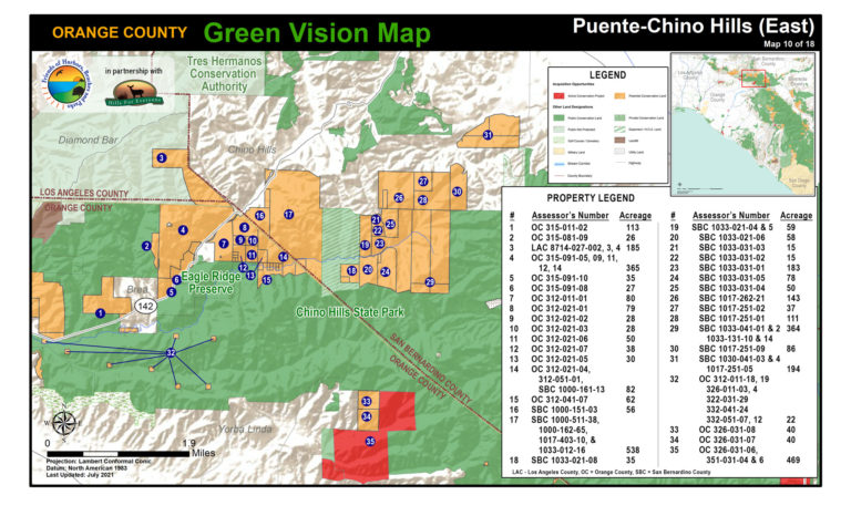 A Puente-Chino Hills map of protected public lands and potential conservation acquisitions created by Hills For Everyone in partnership with Friends of Harbors, Beaches and Parks.