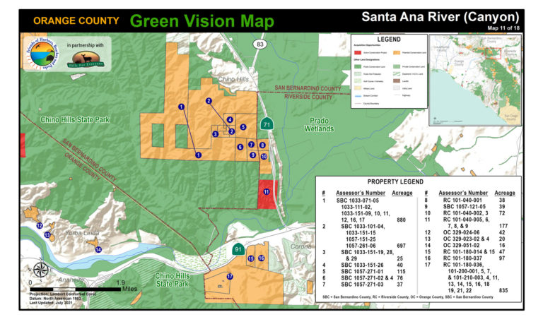 A Santa Ana River map of protected public lands and potential conservation acquisitions created by Hills For Everyone in partnership with Friends of Harbors, Beaches and Parks.