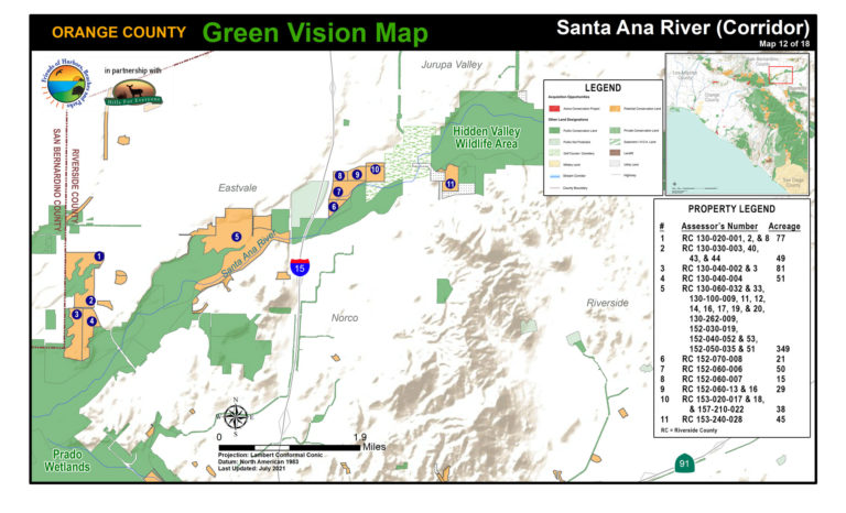 A Santa Ana River map of protected public lands and potential conservation acquisitions created by Hills For Everyone in partnership with Friends of Harbors, Beaches and Parks.