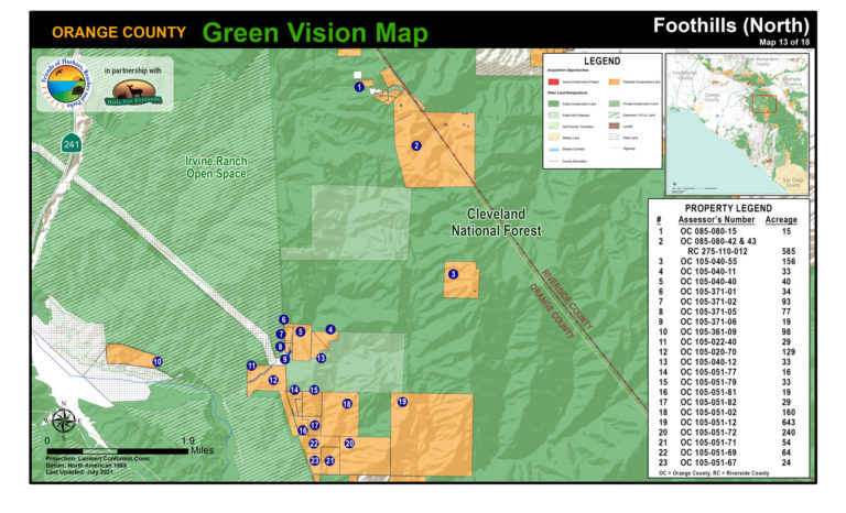 A Foothills map of protected public lands and potential conservation acquisitions created by Hills For Everyone in partnership with Friends of Harbors, Beaches and Parks.