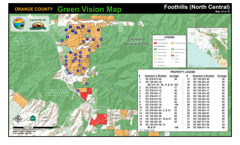 A Foothills map of protected public lands and potential conservation acquisitions created by Hills For Everyone in partnership with Friends of Harbors, Beaches and Parks.