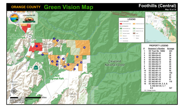 A Foothills map of protected public lands and potential conservation acquisitions created by Hills For Everyone in partnership with Friends of Harbors, Beaches and Parks.