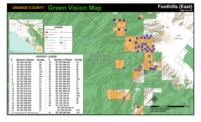 A Foothills map of protected public lands and potential conservation acquisitions created by Hills For Everyone in partnership with Friends of Harbors, Beaches and Parks.