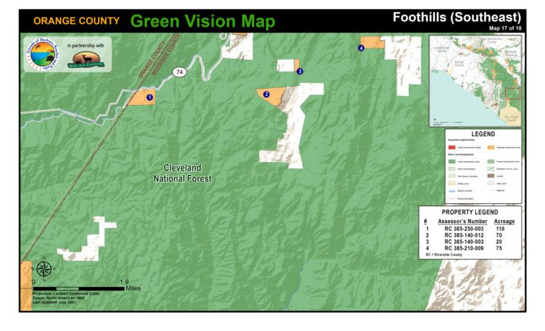 A Foothills map of protected public lands and potential conservation acquisitions created by Hills For Everyone in partnership with Friends of Harbors, Beaches and Parks.