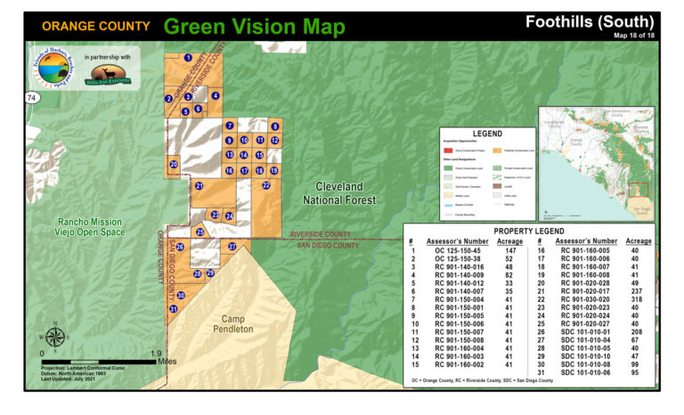 A Foothills map of protected public lands and potential conservation acquisitions created by Hills For Everyone in partnership with Friends of Harbors, Beaches and Parks.