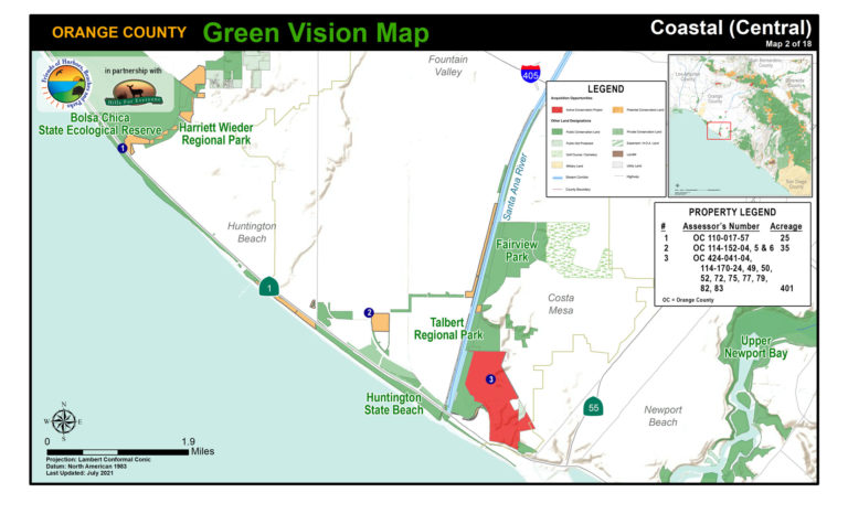 A coastal map of protected public lands and potential conservation acquisitions created by Hills For Everyone in partnership with Friends of Harbors, Beaches and Parks.