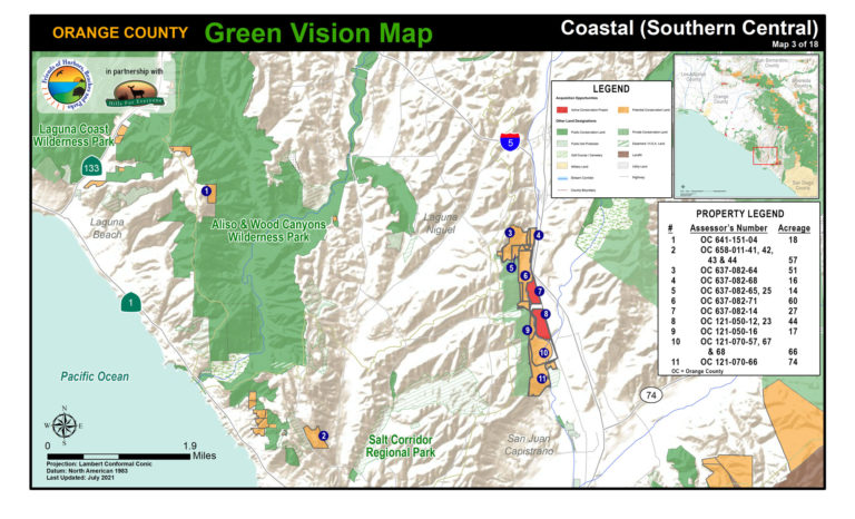 A coastal map of protected public lands and potential conservation acquisitions created by Hills For Everyone in partnership with Friends of Harbors, Beaches and Parks.