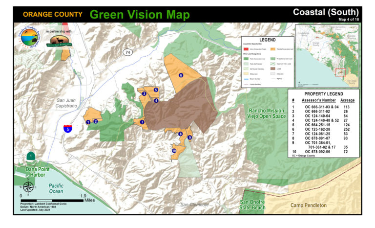 A coastal map of protected public lands and potential conservation acquisitions created by Hills For Everyone in partnership with Friends of Harbors, Beaches and Parks.