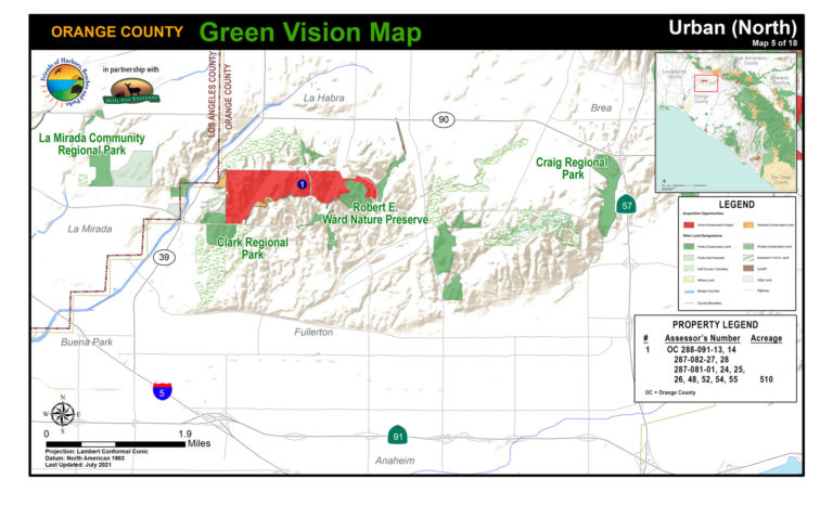 An urban map of protected public lands and potential conservation acquisitions created by Hills For Everyone in partnership with Friends of Harbors, Beaches and Parks.