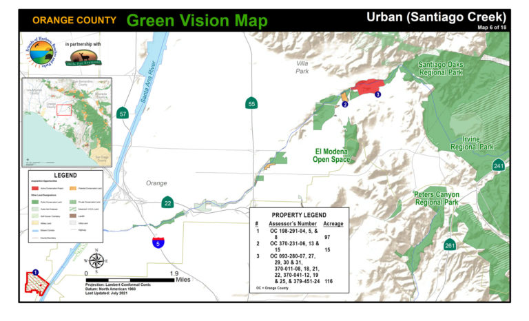 An urban map of protected public lands and potential conservation acquisitions created by Hills For Everyone in partnership with Friends of Harbors, Beaches and Parks.