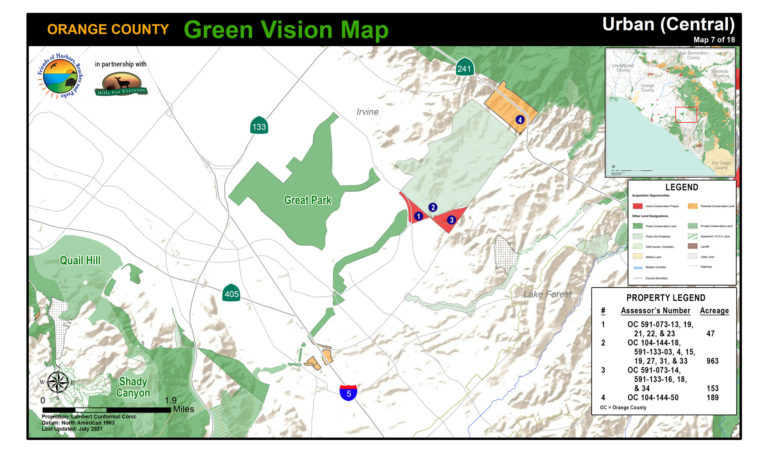 An urban map of protected public lands and potential conservation acquisitions created by Hills For Everyone in partnership with Friends of Harbors, Beaches and Parks.