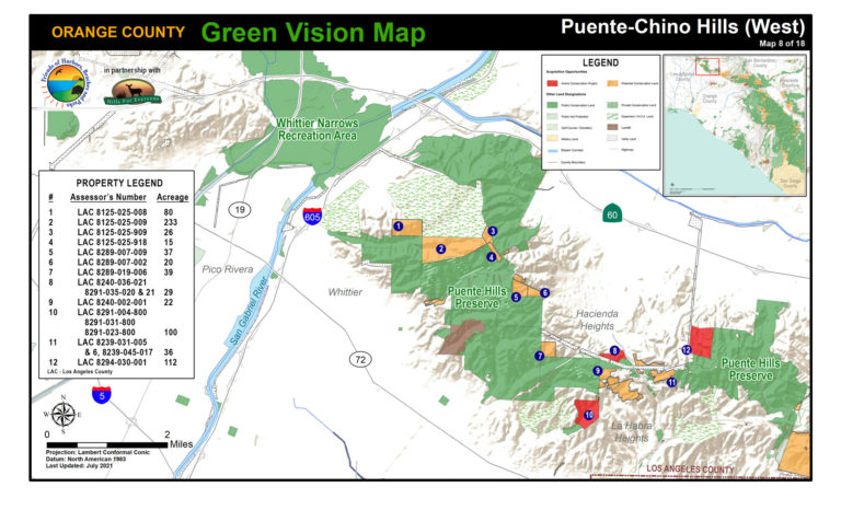 A Puente-Chino Hills map of protected public lands and potential conservation acquisitions created by Hills For Everyone in partnership with Friends of Harbors, Beaches and Parks.