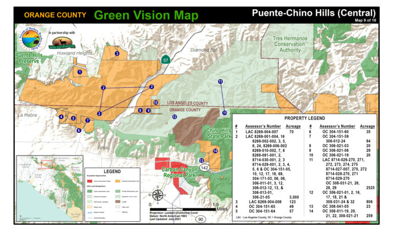 A Puente-Chino Hills map of protected public lands and potential conservation acquisitions created by Hills For Everyone in partnership with Friends of Harbors, Beaches and Parks.