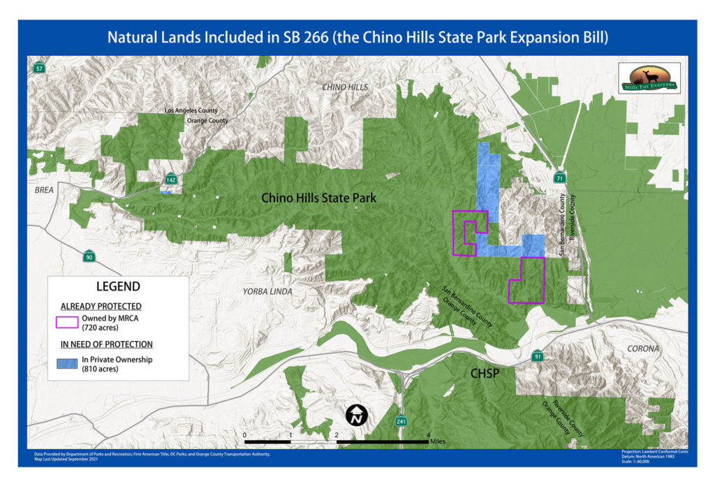 A map of Chino Hills State Park showing recent acquisitions and targeted acquisitions with the title Natural Lands Included in SB 266 (the Chino Hills State Park Expansion Bill).