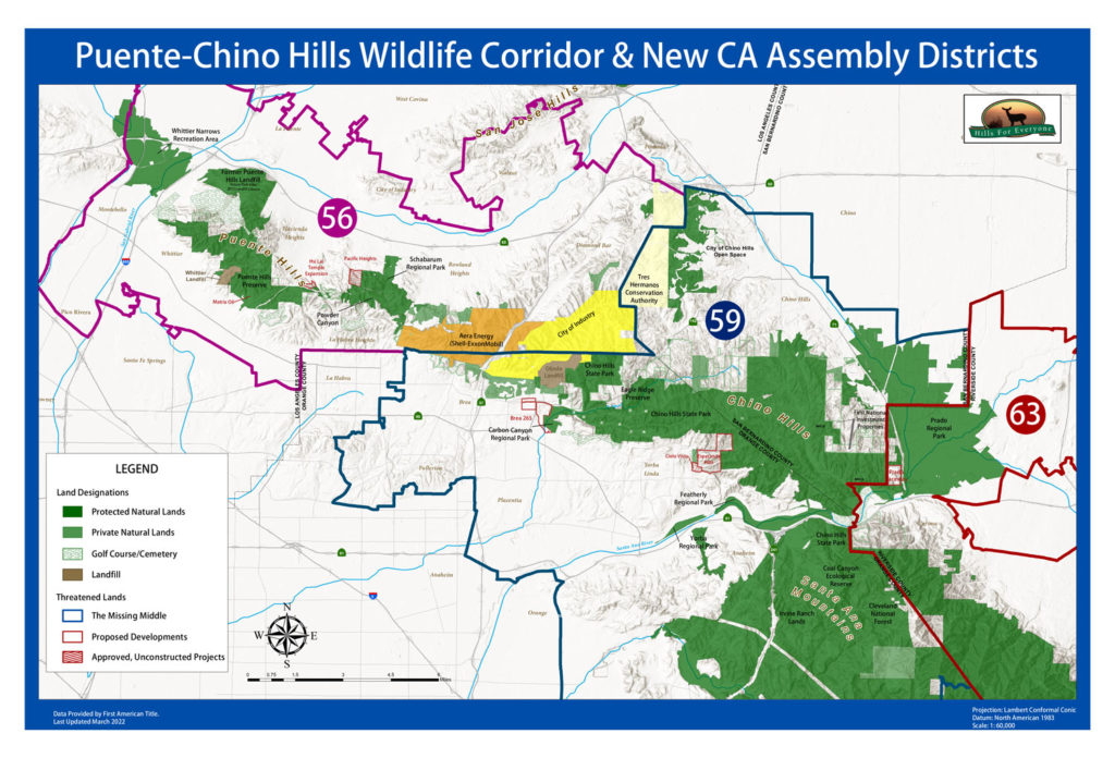A map that states: "Puente-Chino Hills Wildlife Corridor and New CA Assembly Districts" with a map of protected and threatened landscapes in the Wildlife Corridor overlaid with three Assembly district boundaries (56, 59, and 63).