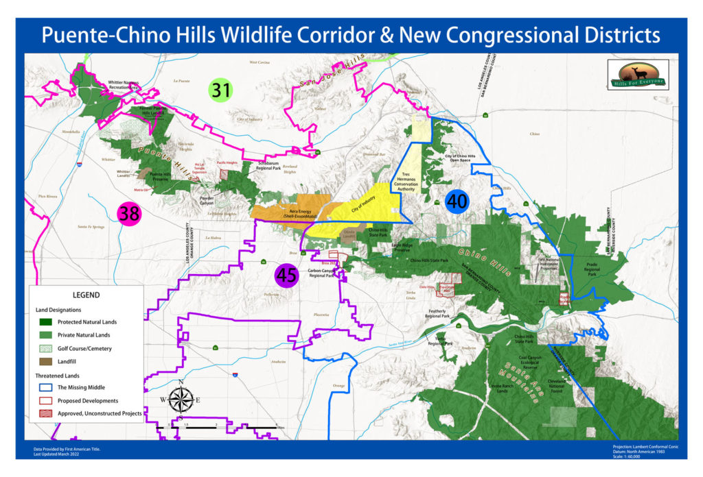 A map that states: "Puente-Chino Hills Wildlife Corridor and New Congressional Districts" with a map of protected and threatened landscapes in the Wildlife Corridor overlaid with four Congressional district boundaries (31, 38, 40, and 45).