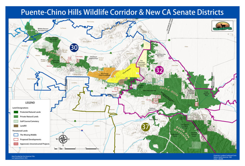 A map that states: "Puente-Chino Hills Wildlife Corridor and New CA Senate Districts" with a map of protected and threatened landscapes in the Wildlife Corridor overlaid with three Assembly district boundaries (30, 32 and 37)