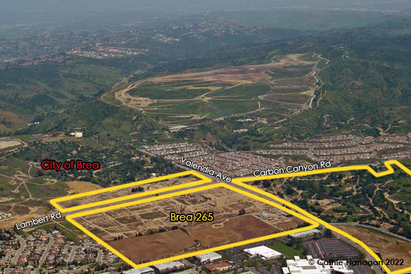 An aerial image with areas outlined in yellow showing the property boundary for Brea 265, with the City of Brea labeled, and three streets identified: Lambert Rd., Carbon Canyon Rd., and Valencia Ave.