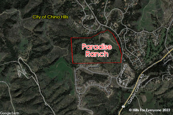 An aerial map shows outlined in red a property in the center of the image with the words "Paradise Ranch". The City of Chino Hills is identified, and so are two roads: Carbon Canyon and Canyon Hills.