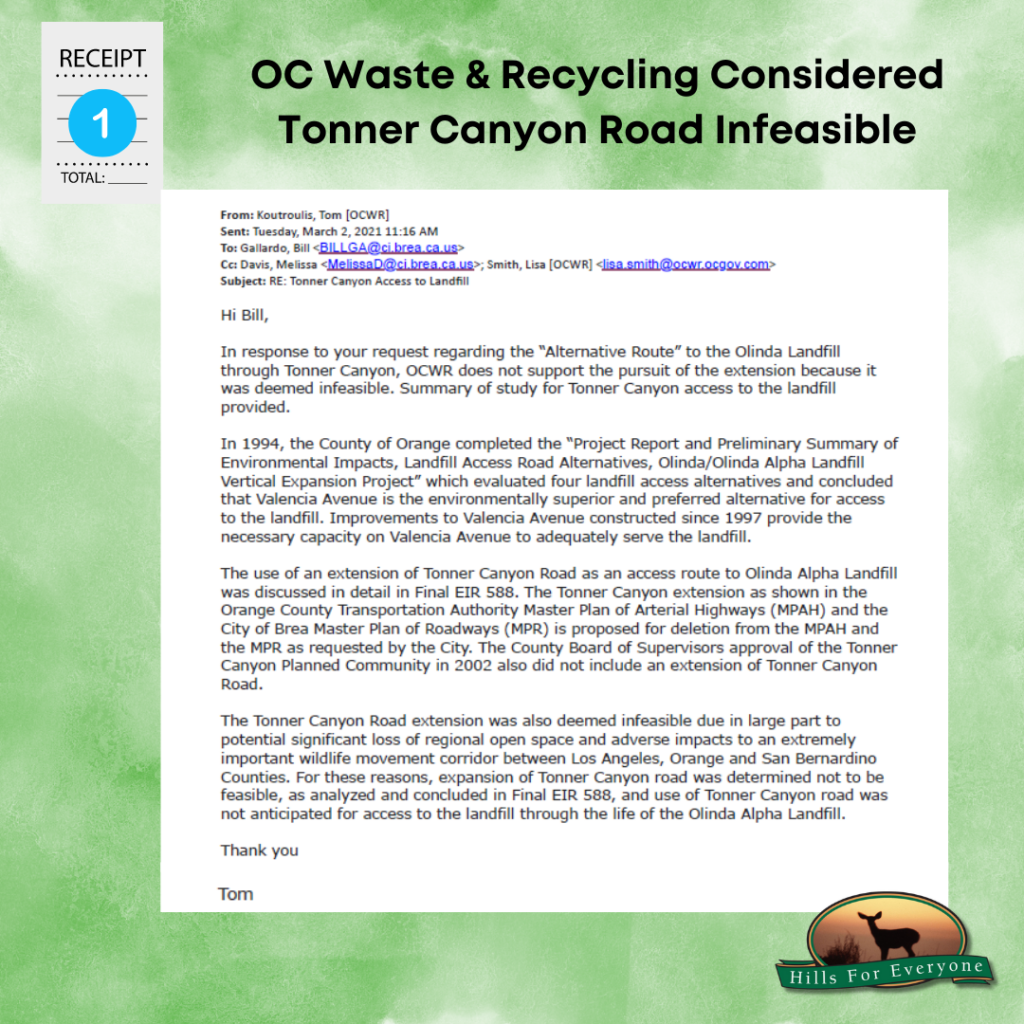 A graphic with a green background labeled Receipt 1. It says OC Waste & Recycling Considered Tonner Canyon Road Infeasible. There is snapshot of an email describing how this determination was made. The HFE logo is in the bottom right.