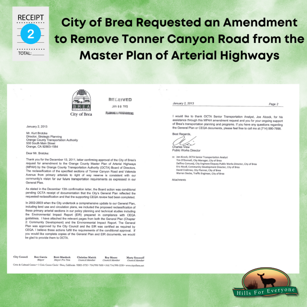 A graphic with a green background labeled Receipt 2. It says City of Brea Requested an Amendment to the Remove the Tonner Canyon Road from the Master Plan of Arterial Highways. There is snapshot of a graphic from the showing how the City of Brea made this request to the County of Orange. The HFE logo is in the bottom right.