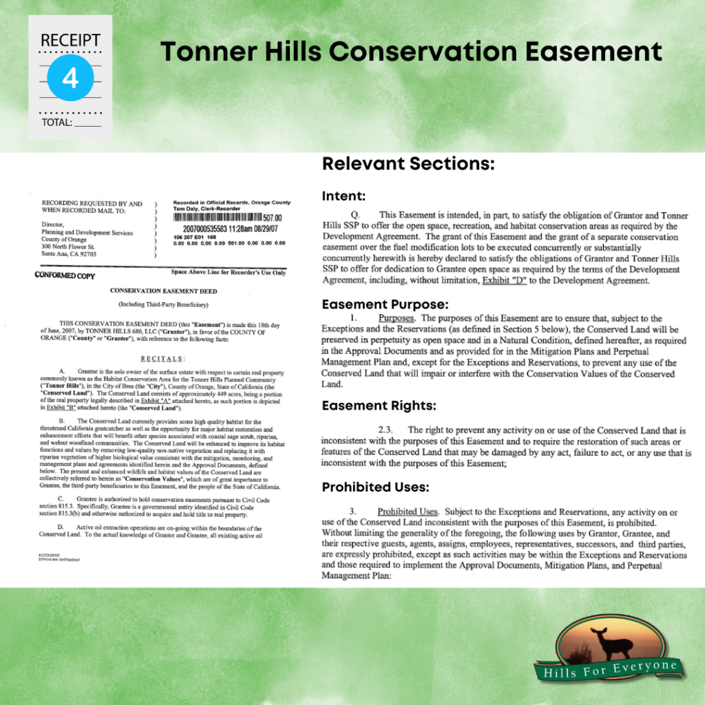 A graphic with a green background labeled Receipt 4. It says Tonner Hills Conservation Easement. There is snapshot of the first page of the Conservation Easement and four paragraphs on the right (intent, easement purpose, easement rights, and prohibited uses. The HFE logo is in the bottom right.