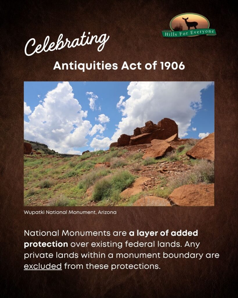 A brown background with the HFE logo upper right and a header that reads Celebrating Antiquities Act of 1906. There is a photo and label of the Devil's Tower National Monument, Wyoming. Below the photo it says: June 8, 1906 marks the 119th anniversary of the creation of the Antiquities Act. Over 18.6 million acres have been preserved through the Act, including designations in 33 states. California has the most National Monuments.