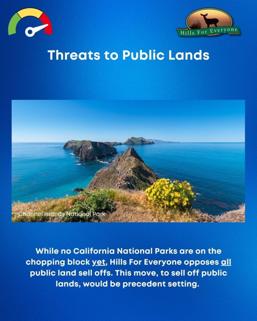 A blue background with the HFE logo upper right and a threat thermometer on the left pointing to red. The title is: Threats to Public Lands. There is a photo of Channel Islands National Park. Below the photo it says: While no California National Parks are on the chopping block yet, Hills For Everyone opposes all public land sell offs. This move, to sell off public lands, would be precedent setting.