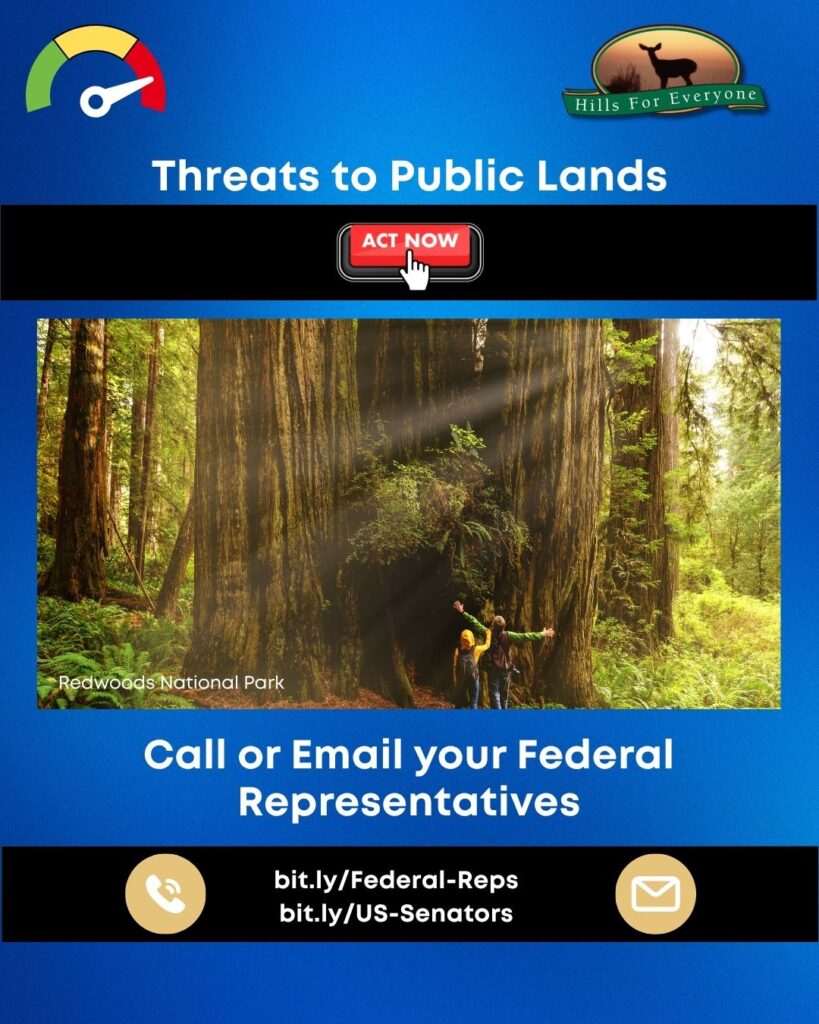A blue background with the HFE logo upper right and a threat thermometer on the left pointing to red. The title is: Threats to Public Lands. There is a photo of Redwoods National Park. Above the photo is a black bar with an "Act Now" button being pressed by a mouse icon. Below the photo it says: Call or email your federal representatives with two links: bit.ly/Federal-Reps and bit.ly/US-Senators. There is a phone and email icon on each side of the links which rest atop a black bar.