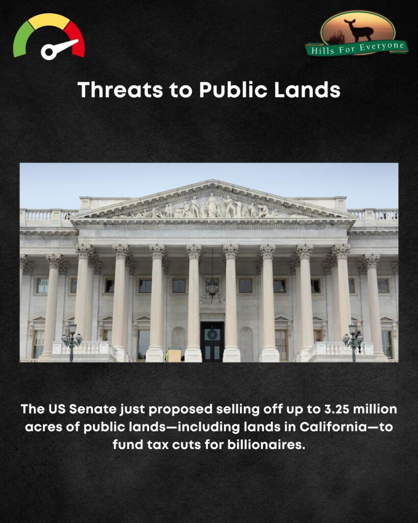 A black background with the HFE logo upper right and a threat thermometer on the left pointing to red. The title is: Threats to Public Lands. There is a photo of the National Mall. Below the photo it says: The US Senate just proposed selling off up to 3.25 million acres of public lands—including lands in California—to fund tax cuts for billionaires.