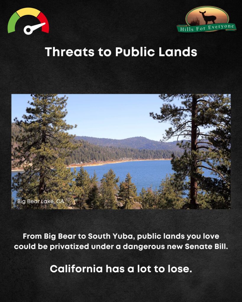 A black background with the HFE logo upper right and a threat thermometer on the left pointing to red. The title is: Threats to Public Lands. There is a photo of Big Bear Lake, CA. Below the photo it says: From Big Bear to South Yuba, public lands you love could be privatized under a dangerous new Senate Bill. California has a lot to lose.