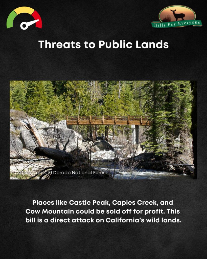 A black background with the HFE logo upper right and a threat thermometer on the left pointing to red. The title is: Threats to Public Lands. There is a photo of Caples Creek, El Dorado National Forest. Below the photo it says: Places like Castle Peak, Caples Creek, and Cow Mountain could be sold off for profit. This bill is a direct attack on California’s wild lands.