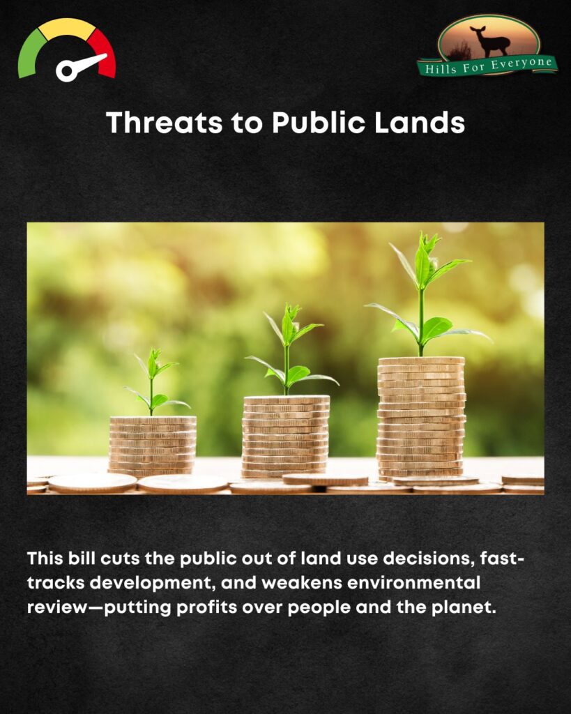 A black background with the HFE logo upper right and a threat thermometer on the left pointing to red. The title is: Threats to Public Lands. There is a photo of small plants growing on top of coins stacked up. Below the photo it says: This bill cuts the public out of land use decisions, fast-tracks development, and weakens environmental review—putting profits over people and the planet.
