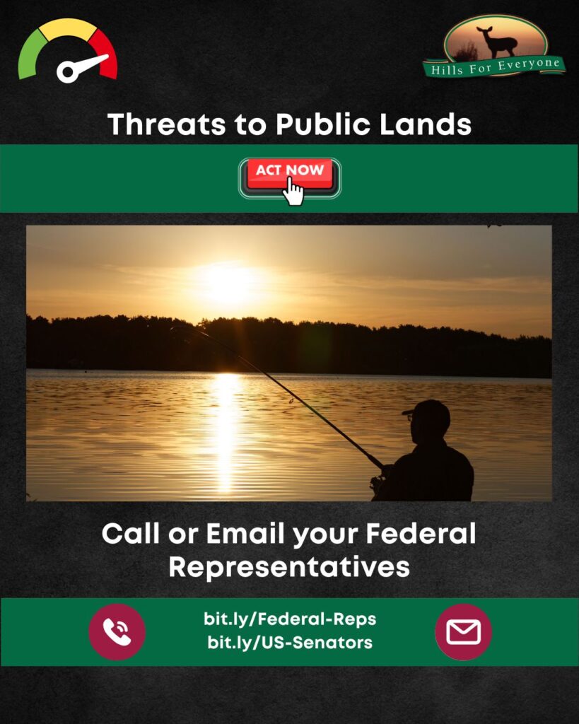 A black background with the HFE logo upper right and a threat thermometer on the left pointing to red. The title is: Threats to Public Lands. There is a photo of a person fishing at a lack at sunset. Above the photo is a green bar with an "Act Now" button being pressed by a mouse icon. Below the photo it says: Call or email your federal representatives with two links: bit.ly/Federal-Reps and bit.ly/US-Senators. There is a phone and email icon on each side of the links which rest atop a green bar.