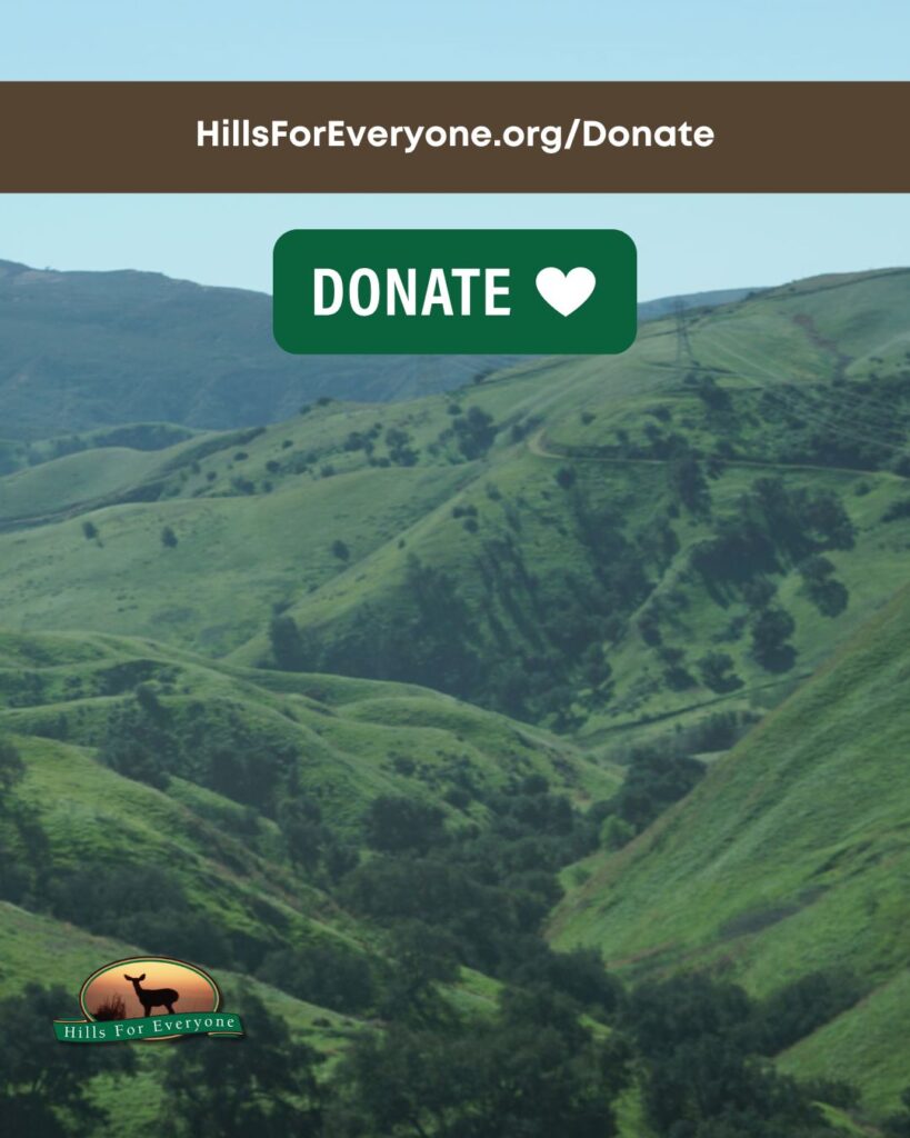 A photograph of green hills with darker green trees. There is a brown bar at the top with a URL: HillsForEveryone.org/Donate and a donate icon with a heart below it. The HFE logo is bottom left.