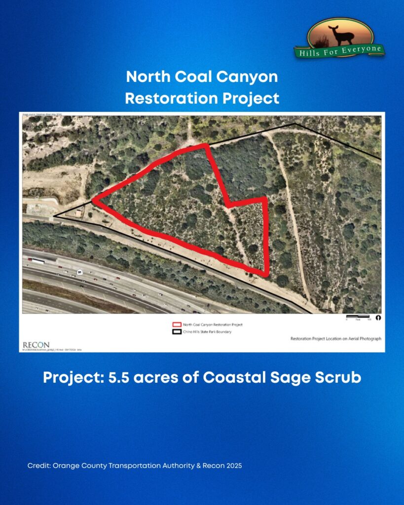 Set against a blue background the HFE logo is upper right. The title reads: North Coal Canyon Restoration Project. There is a map with the restoration project outlined in red.