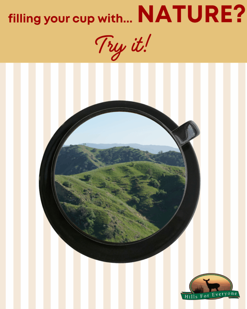 An orange(ish) banner that reads: filling your cup with Nature? Try it.

Below it on stripes of white and tan is a cup with a photograph of green hills with the HFE logo bottom right.