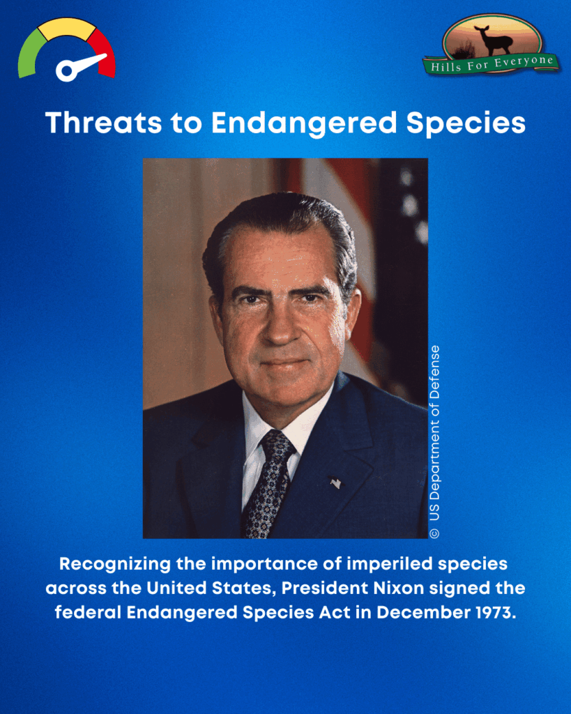 A blue background image with a thermometer on the left indication HIGH. On the right is the HFE Logo. Across the top is a "Threats to Endangered Species" title. In the middle is a photograph of President Richard Nixon. Below it, it reads: Recognizing the importance of imperiled species across the United States, President Nixon signed the federal Endangered Species Act in December 1973.