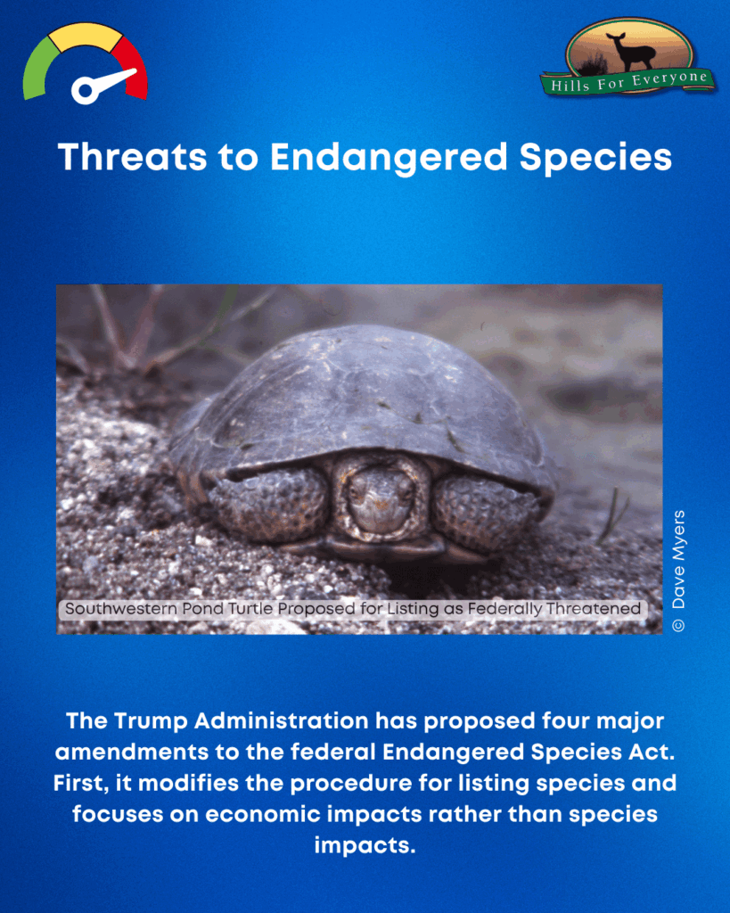 A blue background image with a thermometer on the left indication HIGH. On the right is the HFE Logo. Across the top is a "Threats to Endangered Species" title. In the middle is a photograph of the Southwestern Pond Turtle Proposed for Listing as Federally Threatened. Below it, it reads: The Trump Administration has proposed four major amendments to the federal Endangered Species Act. First, it modifies the procedure for listing species and focuses on economic impacts rather than species impacts.