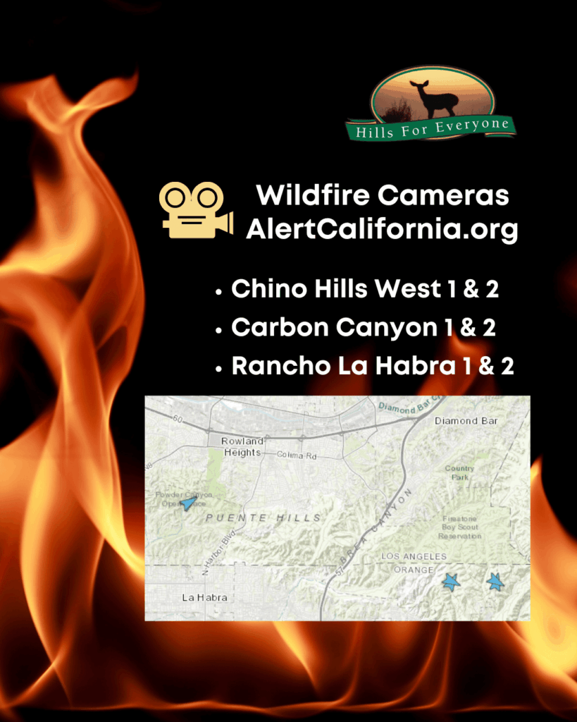 A background of flames against black with the HFE logo upper right. The text reads: Wildfire Cameras (AlertCalifornia.org) with three camera listings: Chino Hills West 1 & 2, Carbon Canyon 1 & 2, Rancho La Habra 1 & 2.