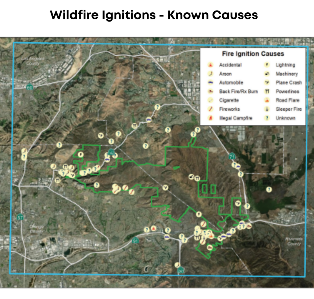 A map of wildfire ignitions -- determined causes.