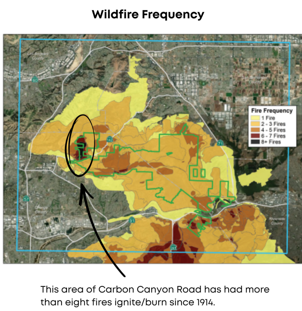 A map of wildfire frequency with darker areas burning more frequently than lighter areas.