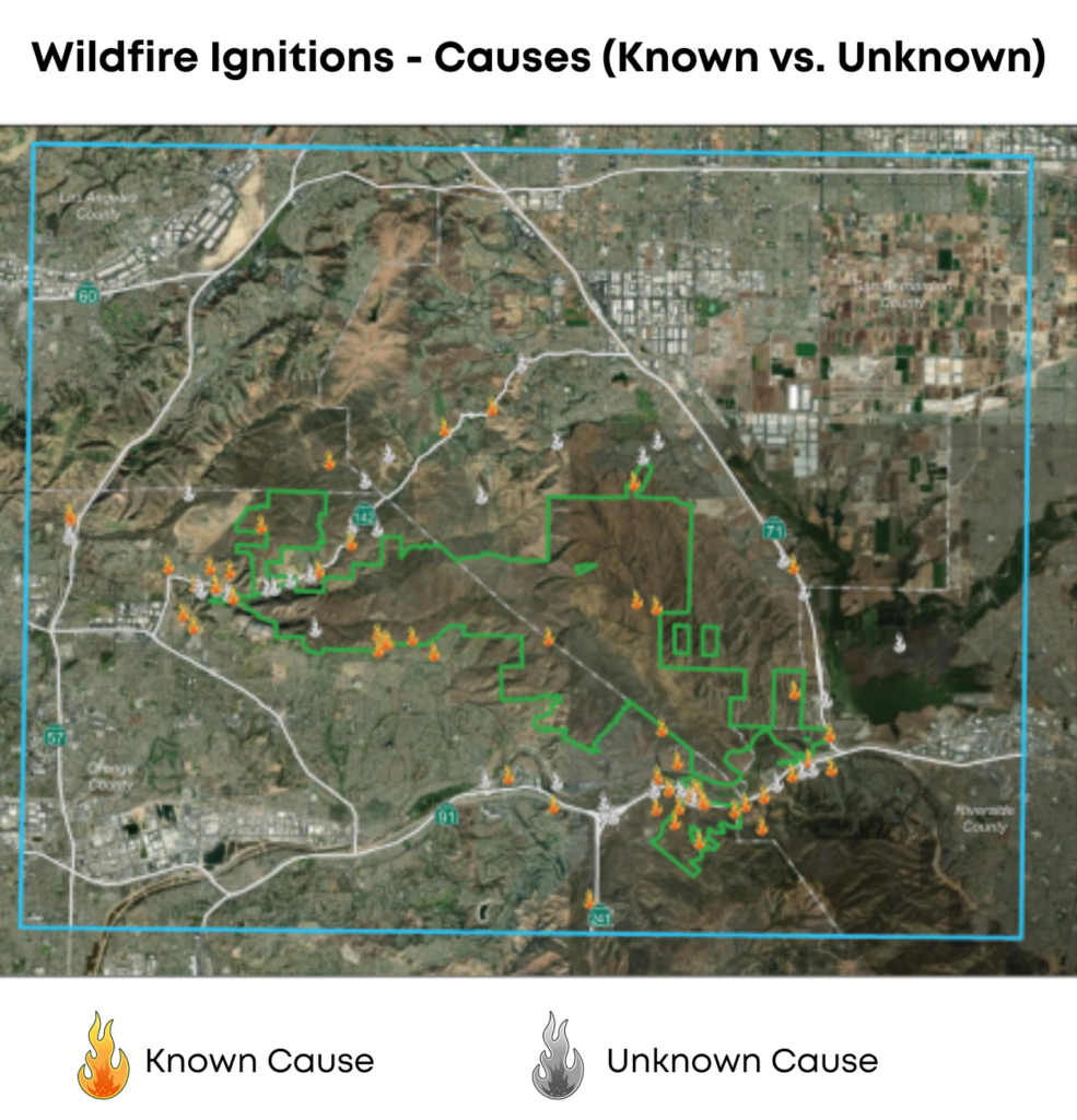 A map of known and unknown wildfire causes.