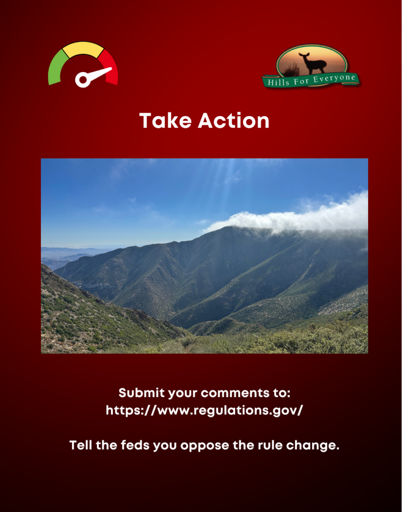 A red background with the HFE logo upper right and a thermometer pointing to the red zone in the upper left. Across the top it reads: Take Action. There is a photo of a forested area at sunset. Below the photo the text reads: Submit your comments to: https://www.regulations.gov/

Tell the feds you oppose the rule change.